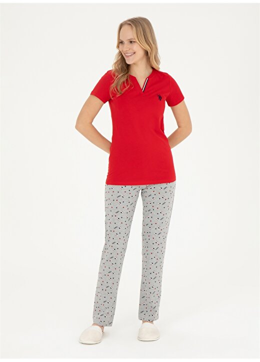 U.S. Polo Assn. V Yaka Kırmızı Kadın Pijama Takımı 17004 3