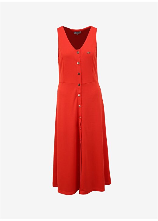 U.S. Polo Assn. U Yaka Kırmızı Diz Altı Kadın Elbise PANER 1