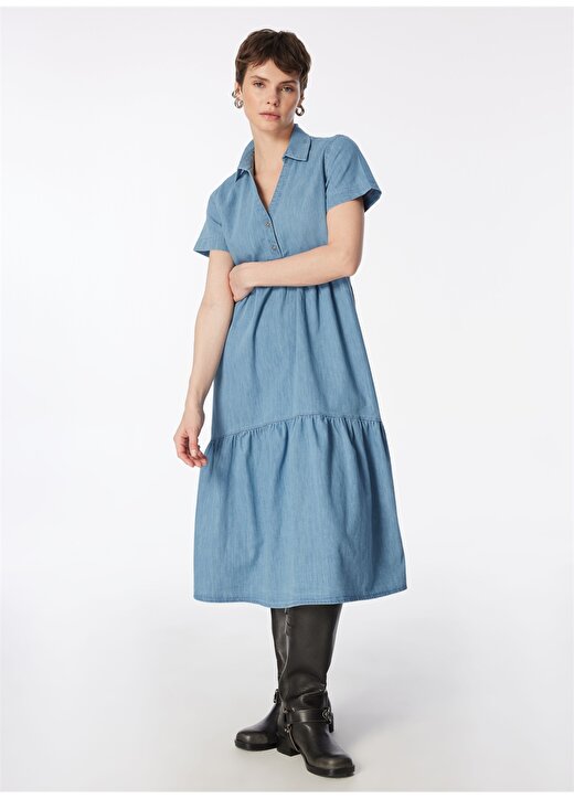 Lee Cooper Gömlek Yaka Düz Açık Lacivert Uzun Kadın Elbise 242 LCF 144001 MOLARIA CORDELIA LIG 2