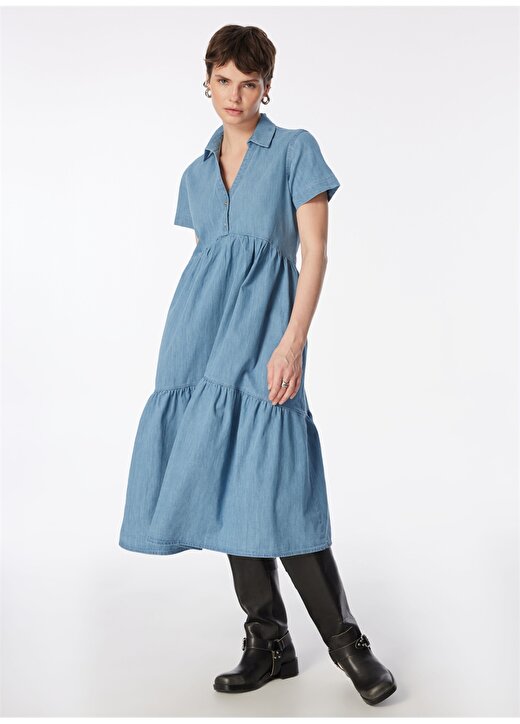 Lee Cooper Gömlek Yaka Düz Açık Lacivert Uzun Kadın Elbise 242 LCF 144001 MOLARIA CORDELIA LIG 3