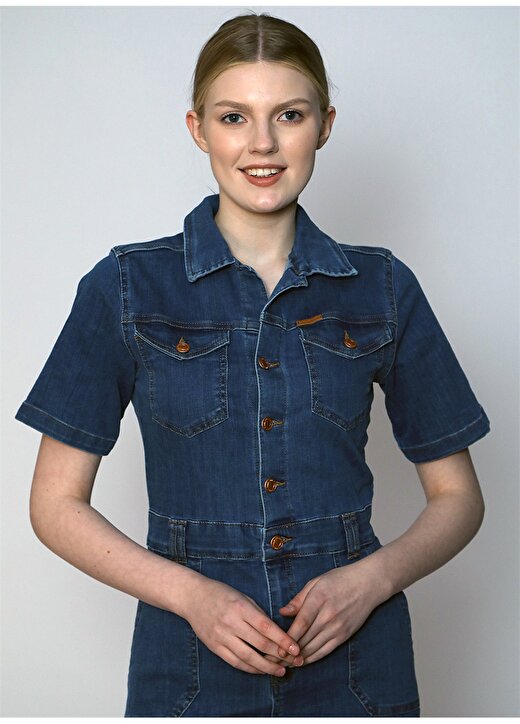 Lee Cooper Gömlek Yaka Düz Açık Mavi Diz Üstü Kadın Elbise 242 LCF 144008 ALLESSI MINA BLUE MI 2