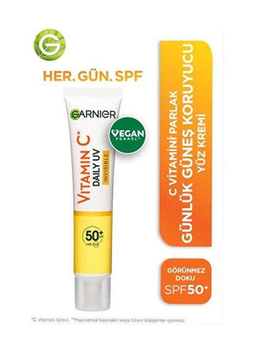 Garnier C Vitamini Parlak Günlük Güneş Koruyucu Fluid Yüz Kremi Görünmez Doku SPF50+ 40Ml 1