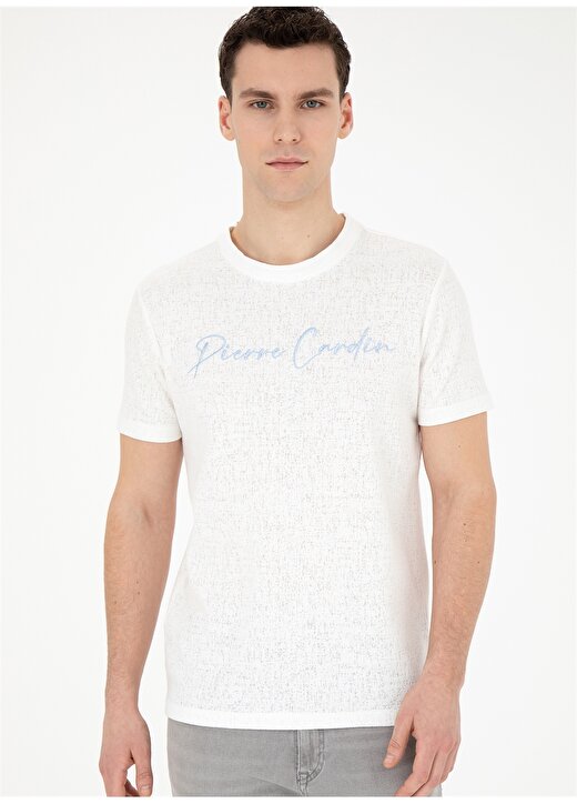 Pierre Cardin Bisiklet Yaka Nakışlı Beyaz Erkek T-Shirt PEAR 1