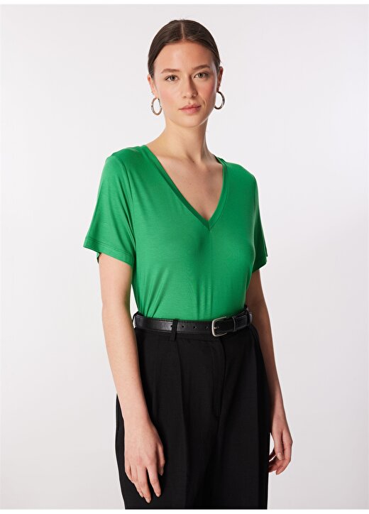 Faik Sönmez V Yaka Yeşil Kadın T-Shirt U68027 3