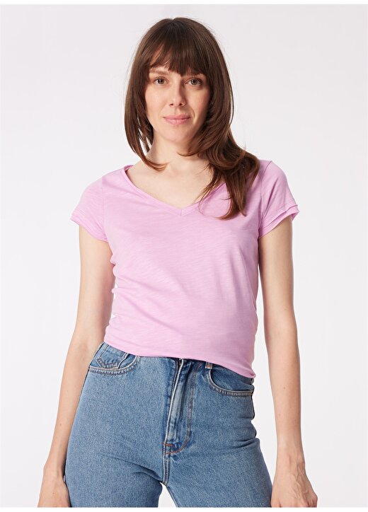 Sisley V Yaka Lila Kadın T-Shirt 3TNHL400E 3