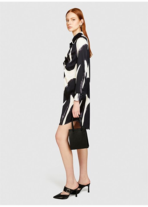 Sisley Gömlek Yaka Siyah - Beyaz Mini Kadın Elbise 4MBGLV05E 2