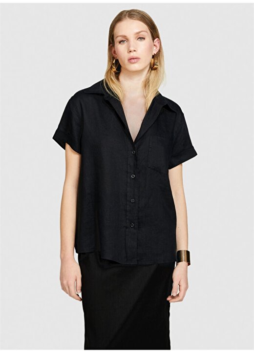 Sisley Geniş Fit Gömlek Yaka Siyah Kadın Gömlek 5BMLLQ042 3