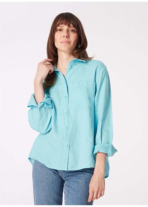 Sisley Geniş Fit Gömlek Yaka Açık Mavi Kadın Gömlek 5BMLLQ06S 1