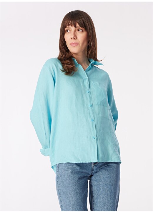 Sisley Geniş Fit Gömlek Yaka Açık Mavi Kadın Gömlek 5BMLLQ06S 3