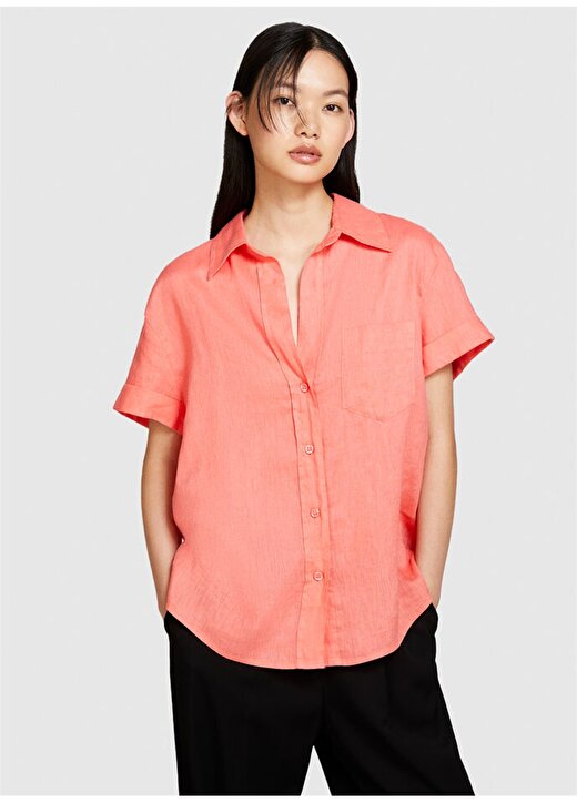 Sisley Geniş Fit Gömlek Yaka Mercan Kadın Gömlek 5BMLLQ042 4