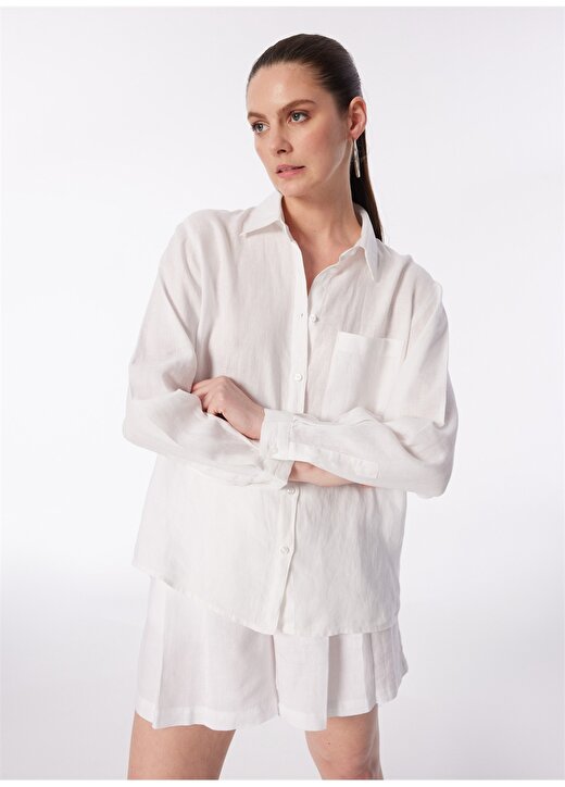 Sisley Geniş Fit Gömlek Yaka Beyaz Kadın Gömlek 5BMLLQ06S 1