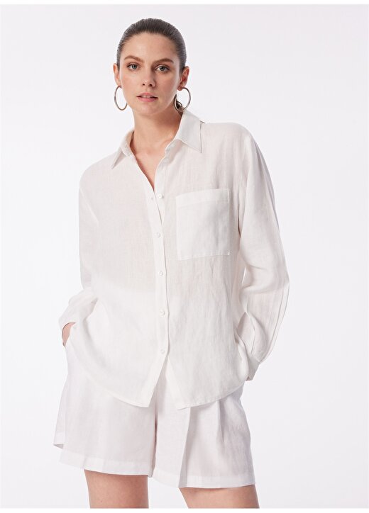 Sisley Geniş Fit Gömlek Yaka Beyaz Kadın Gömlek 5BMLLQ06S 2