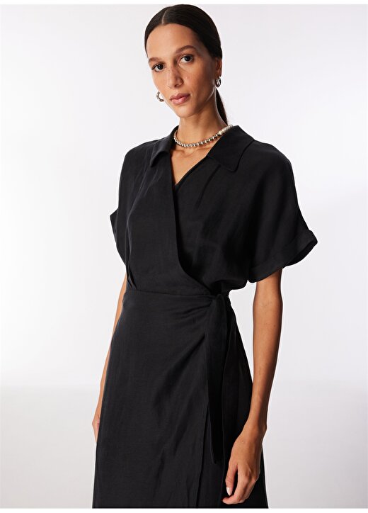 Pierre Cardin Siyah Kadın Diz Altı Comfort Fit Keten Elbise AVA 1