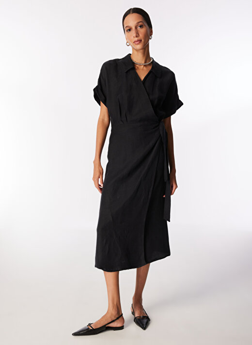 Pierre Cardin Siyah Kadın Diz Altı Comfort Fit Keten Elbise AVA   2
