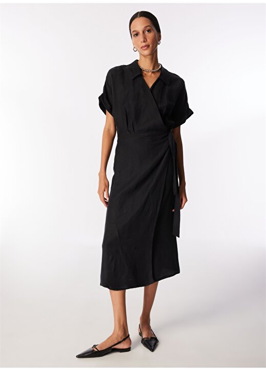 Pierre Cardin Siyah Kadın Diz Altı Comfort Fit Keten Elbise AVA 2