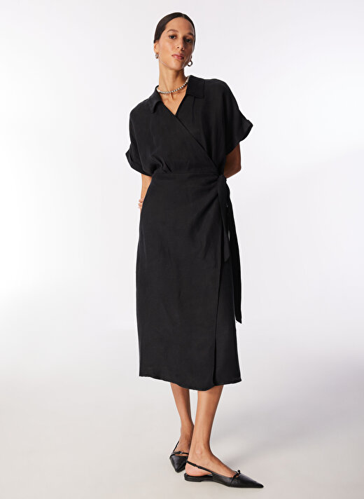 Pierre Cardin Siyah Kadın Diz Altı Comfort Fit Keten Elbise AVA   3