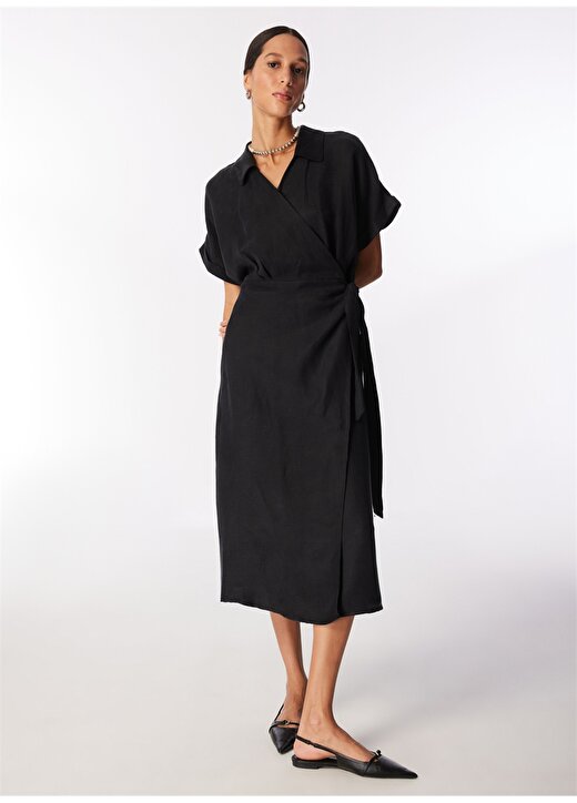 Pierre Cardin Siyah Kadın Diz Altı Comfort Fit Keten Elbise AVA 3