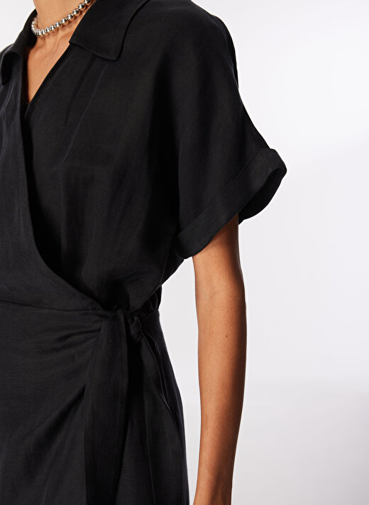Pierre Cardin Siyah Kadın Diz Altı Comfort Fit Keten Elbise AVA   4