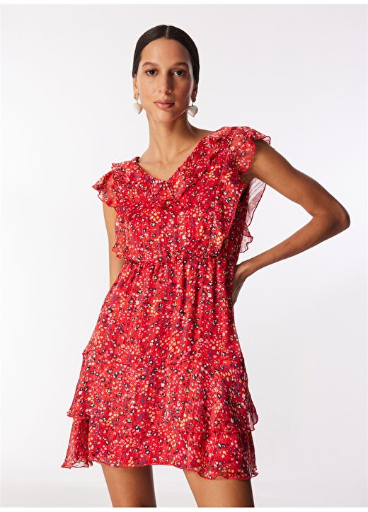 Selen V Yaka Çiçek Desenli Kırmızı Standart Kadın Elbise 24YSL7393 3