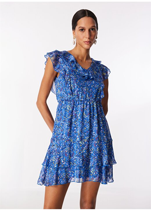 Selen V Yaka Çiçek Desenli Mavi Standart Kadın Elbise 24YSL7393 1