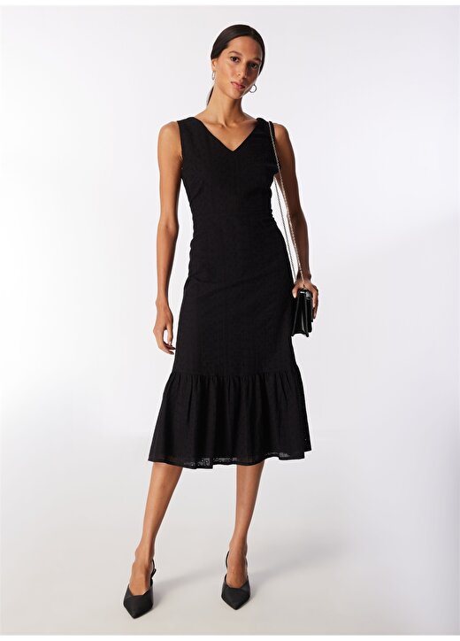 Selen V Yaka Desenli Siyah Standart Kadın Elbise 24YSL7419 2