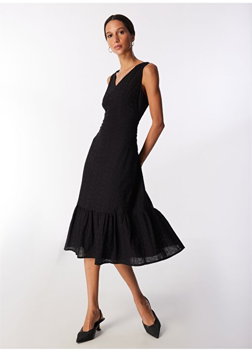 Selen V Yaka Desenli Siyah Standart Kadın Elbise 24YSL7419 3