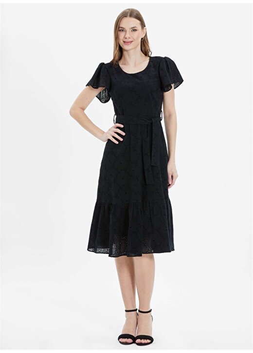 Selen O Yaka Desenli Siyah Standart Kadın Elbise 24YSL7410 1