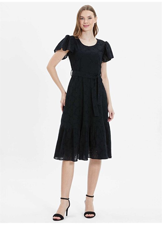 Selen O Yaka Desenli Siyah Standart Kadın Elbise 24YSL7410 2