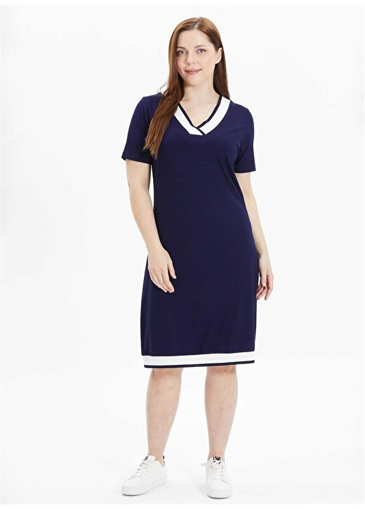 Selen V Yaka Düz Lacivert Standart Kadın Elbise 24YSL7483-BB 3