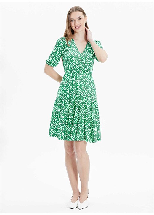 Selen Kruvaze Yaka Puantiyeli Yeşil Standart Kadın Elbise 24YSL7399 1