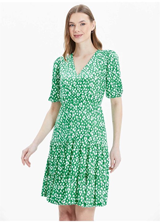 Selen Kruvaze Yaka Puantiyeli Yeşil Standart Kadın Elbise 24YSL7399 2