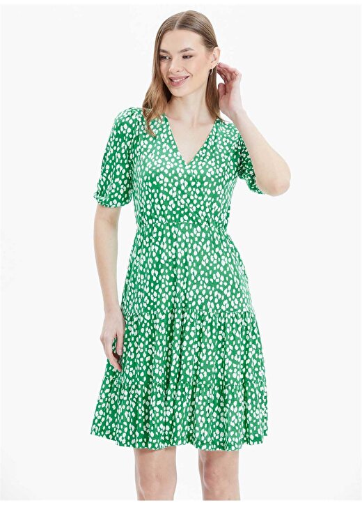 Selen Kruvaze Yaka Puantiyeli Yeşil Standart Kadın Elbise 24YSL7399 3