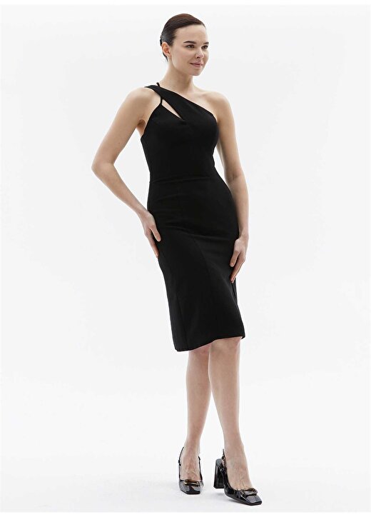 Selen V Yaka Düz Siyah Standart Kadın Elbise 24YSL7447 1