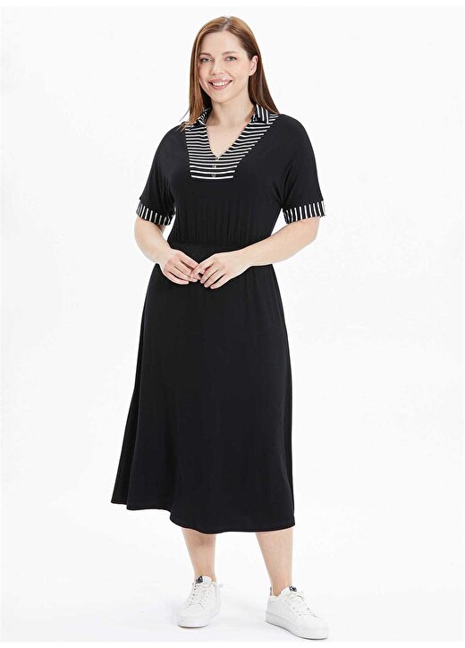 Selen V Yaka Çizgili Siyah Standart Kadın Elbise 24YSL7482-BB 1