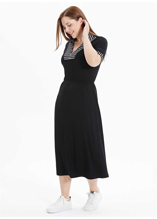 Selen V Yaka Çizgili Siyah Standart Kadın Elbise 24YSL7482-BB 2