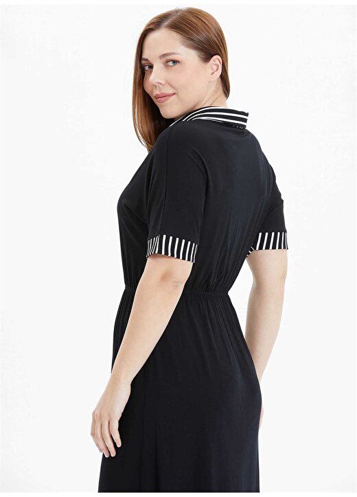 Selen V Yaka Çizgili Siyah Standart Kadın Elbise 24YSL7482-BB 3