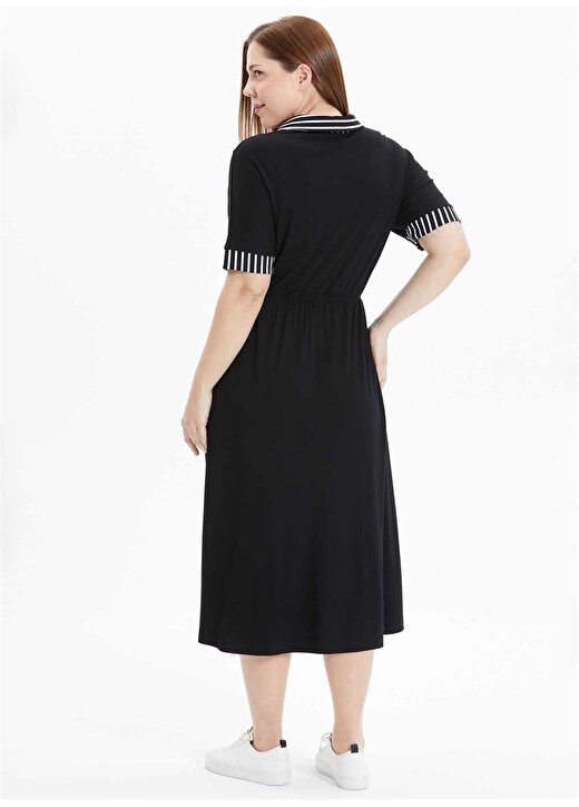 Selen V Yaka Çizgili Siyah Standart Kadın Elbise 24YSL7482-BB 4