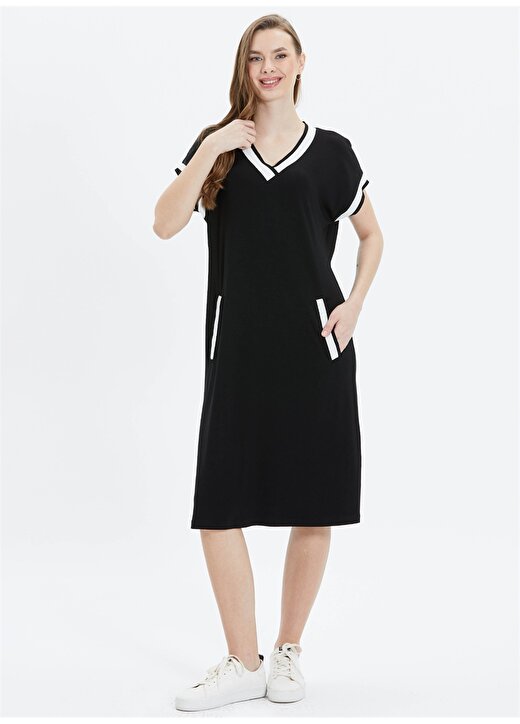 Selen V Yaka Düz Siyah Standart Kadın Elbise 24YSL7484 1