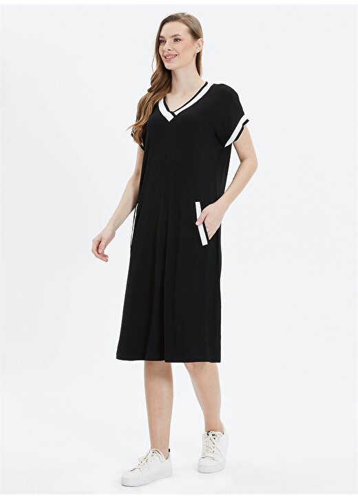 Selen V Yaka Düz Siyah Standart Kadın Elbise 24YSL7484 2