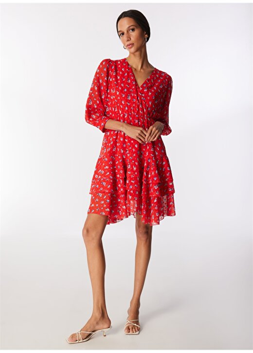 Selen Kruvaze Yaka Çiçek Desenli Kırmızı Standart Kadın Elbise 24YSL7433 2
