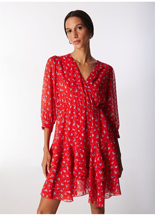Selen Kruvaze Yaka Çiçek Desenli Kırmızı Standart Kadın Elbise 24YSL7433 3