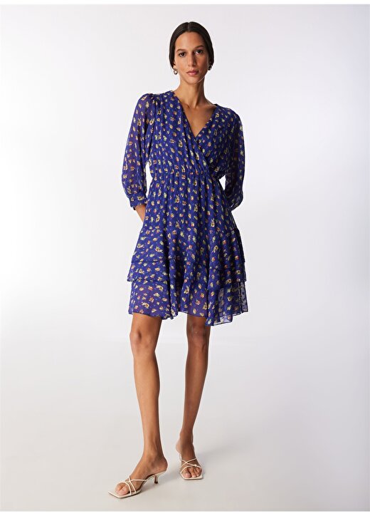 Selen Kruvaze Yaka Çiçek Desenli Mavi Standart Kadın Elbise 24YSL7433 2