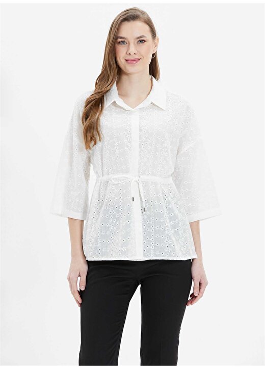 Selen Gömlek Yaka Desenli Beyaz Kadın Bluz 24YSL8767 1