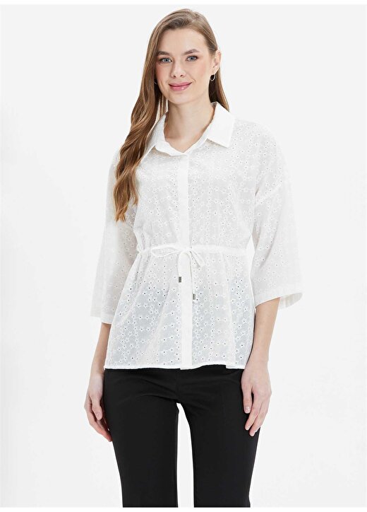 Selen Gömlek Yaka Desenli Beyaz Kadın Bluz 24YSL8767 3