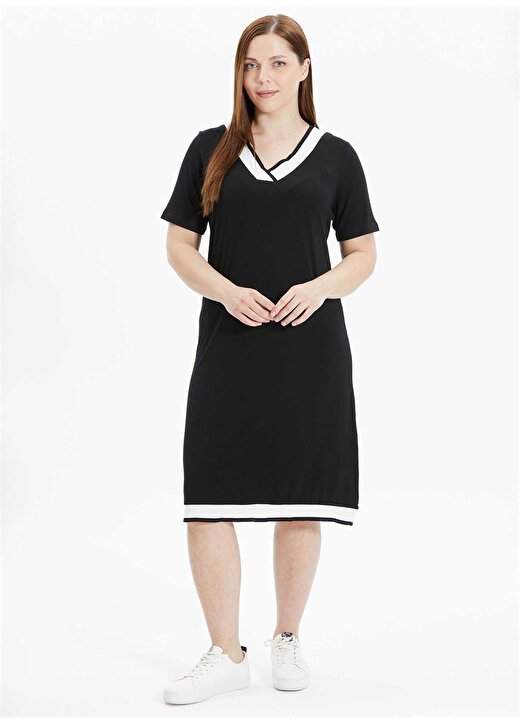 Selen V Yaka Düz Siyah Standart Kadın Elbise 24YSL7483-BB 1