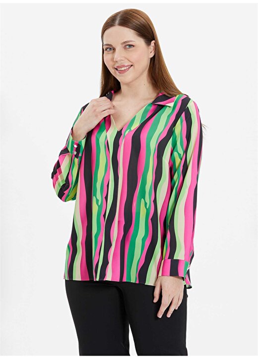Selen Gömlek Yaka Çizgili Çok Renkli Kadın Bluz 24YSL8800-BB 1