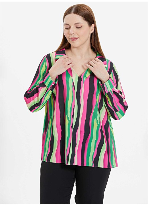 Selen Gömlek Yaka Çizgili Çok Renkli Kadın Bluz 24YSL8800-BB 3