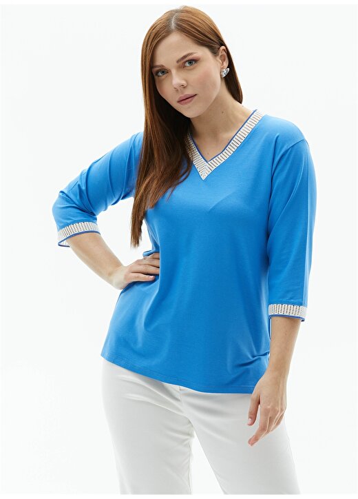 Selen V Yaka Düz Mavi Kadın Bluz 24YSL8841-BB 2