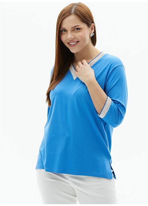 Selen V Yaka Düz Mavi Kadın Bluz 24YSL8841-BB 3