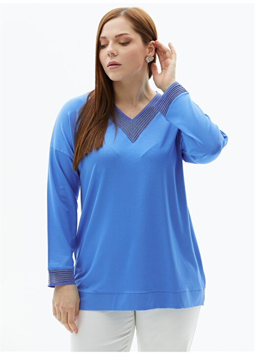 Selen V Yaka Düz Mavi Kadın Bluz 24YSL8842-BB 1